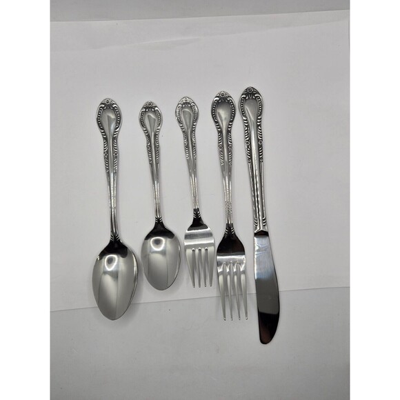 Vintage Stainless Flatware Spoon Knife Fork Columbia Japan Beaded Edge Set of 20 - Picture 4 of 10